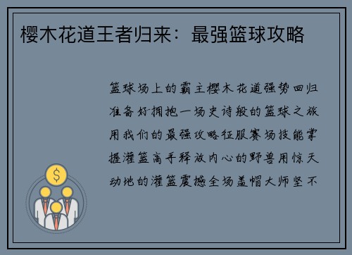 樱木花道王者归来：最强篮球攻略