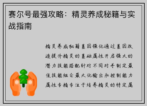 赛尔号最强攻略：精灵养成秘籍与实战指南