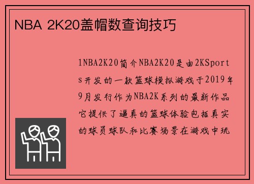 NBA 2K20盖帽数查询技巧